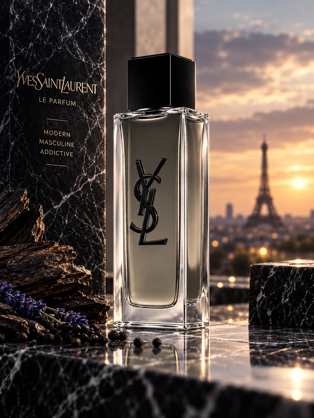 Yves Saint Laurent MYSLF Eau de Toilette men's fragrance bottle in a luxurious Paris setting with black marble, lavender, dark woods and Eiffel Tower sunset view
