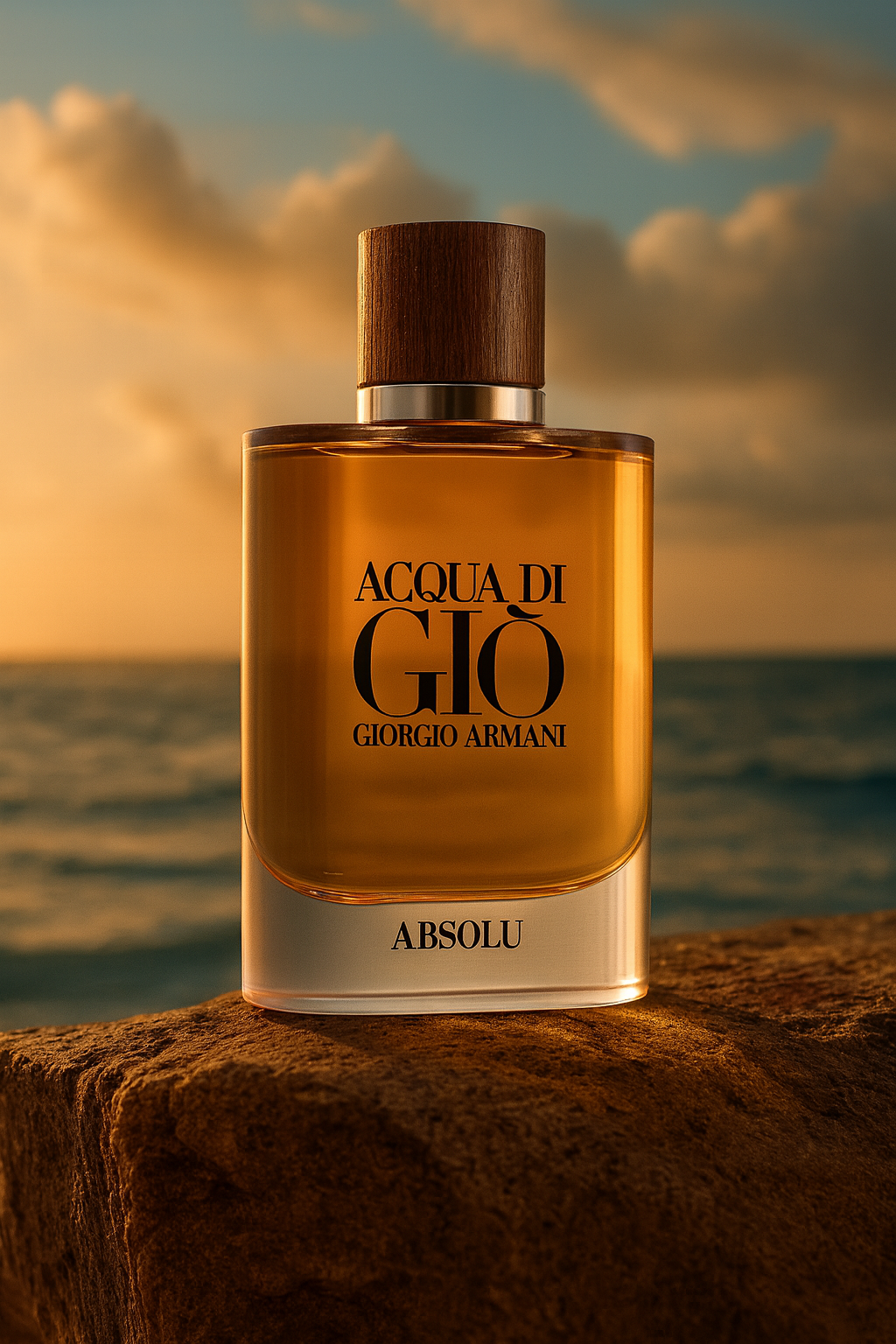 Acqua di Giò Absolu Eau de Parfum bottle by Giorgio Armani displayed on a clean white background showcasing its amber liquid and wooden cap.