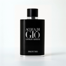 Acqua di Giò Profumo by Giorgio Armani black perfume bottle with silver accents on a plain white background
