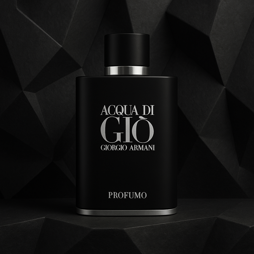 Acqua di Giò Profumo by Giorgio Armani black perfume bottle displayed against a textured geometric black background