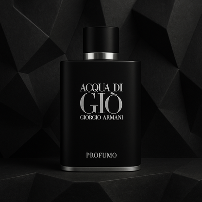 Acqua di Giò Profumo by Giorgio Armani black perfume bottle displayed against a textured geometric black background
