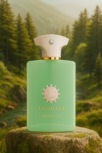 Amouage Meander Eau de Parfum bottle standing on mossy rock with forest and mountains in the background