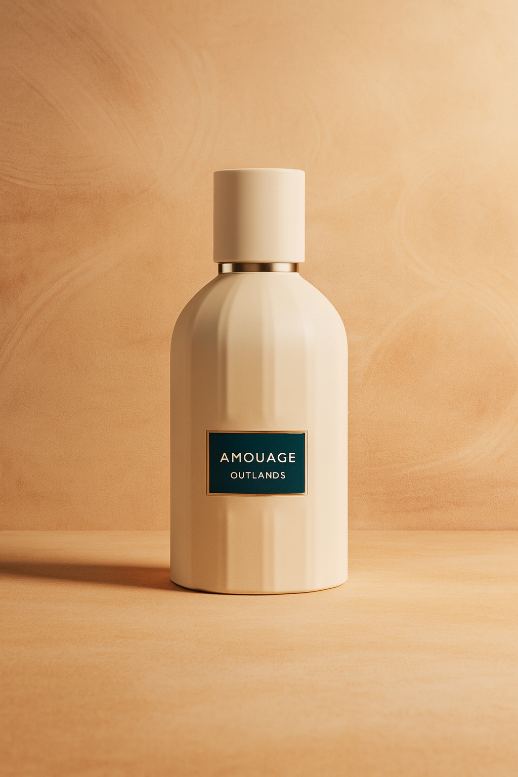 Amouage Outlands Eau de Parfum bottle displayed against a warm beige textured backdrop