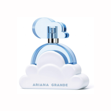Ariana Grande Cloud Eau de Parfum bottle on white background with blue cloud-shaped base and transparent cap