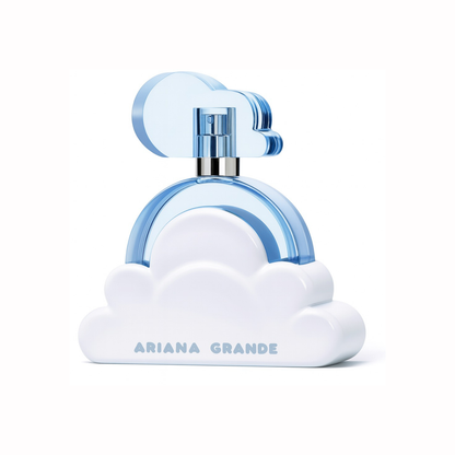 Ariana Grande Cloud Eau de Parfum bottle on white background with blue cloud-shaped base and transparent cap