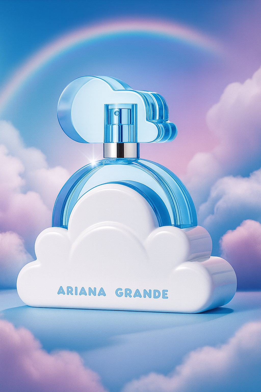 Ariana Grande Cloud Eau de Parfum bottle displayed on pastel sky background with rainbow and clouds, symbolizing dreamy sweetness