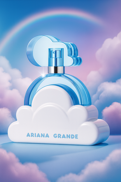 Ariana Grande Cloud Eau de Parfum bottle displayed on pastel sky background with rainbow and clouds, symbolizing dreamy sweetness