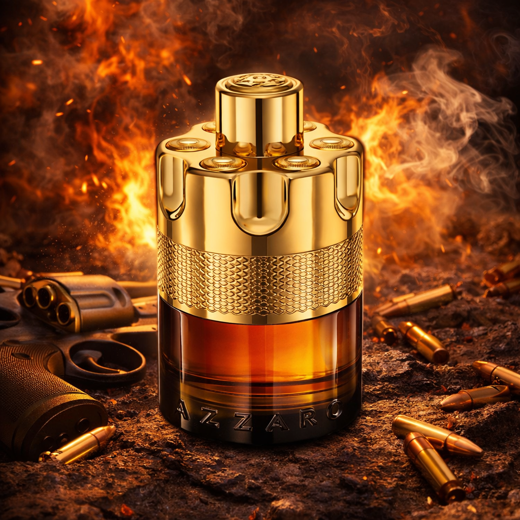 Azzaro Forever Wanted Absolu with warm spicy amber vanilla notes intense men fragrance scene fire background