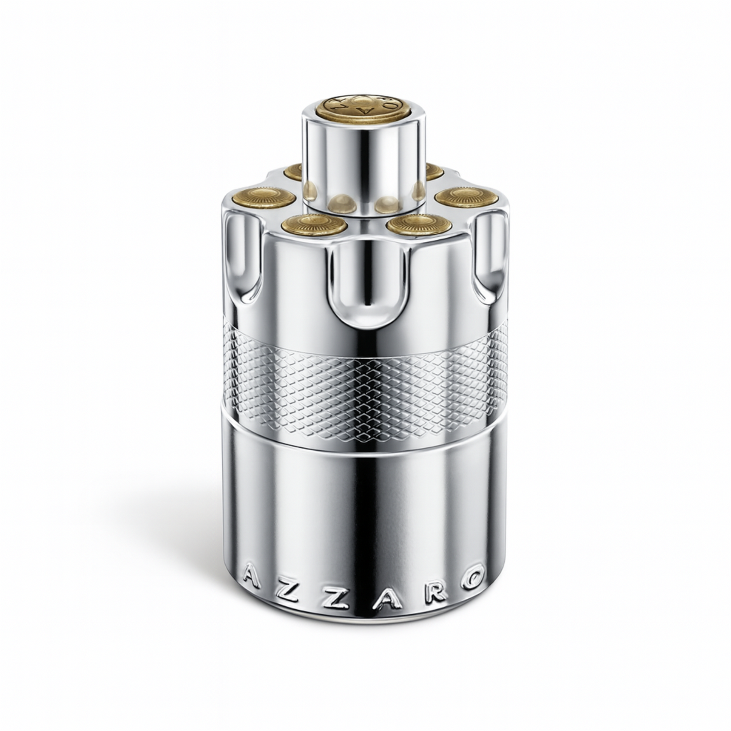 Azzaro Wanted Eau de Parfum silver and gold revolver-inspired bottle on white background