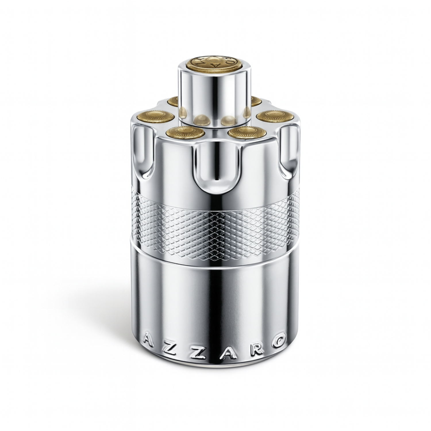 Azzaro Wanted Eau de Parfum silver and gold revolver-inspired bottle on white background