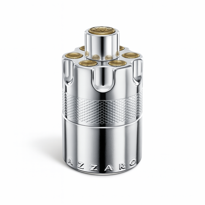 Azzaro Wanted Eau de Parfum silver and gold revolver-inspired bottle on white background