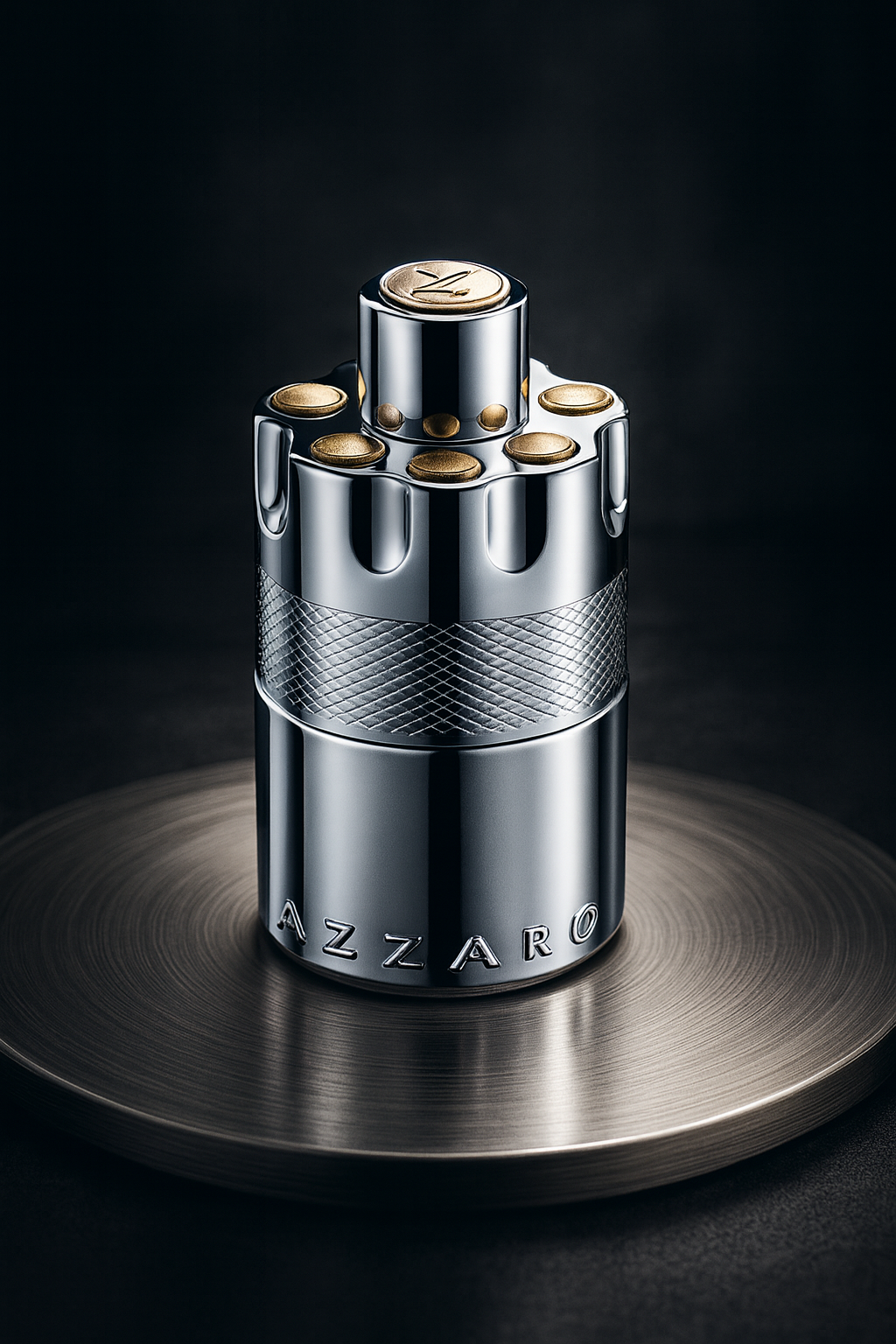 Azzaro Wanted Eau de Parfum bottle on metallic surface with dark luxury lighting
