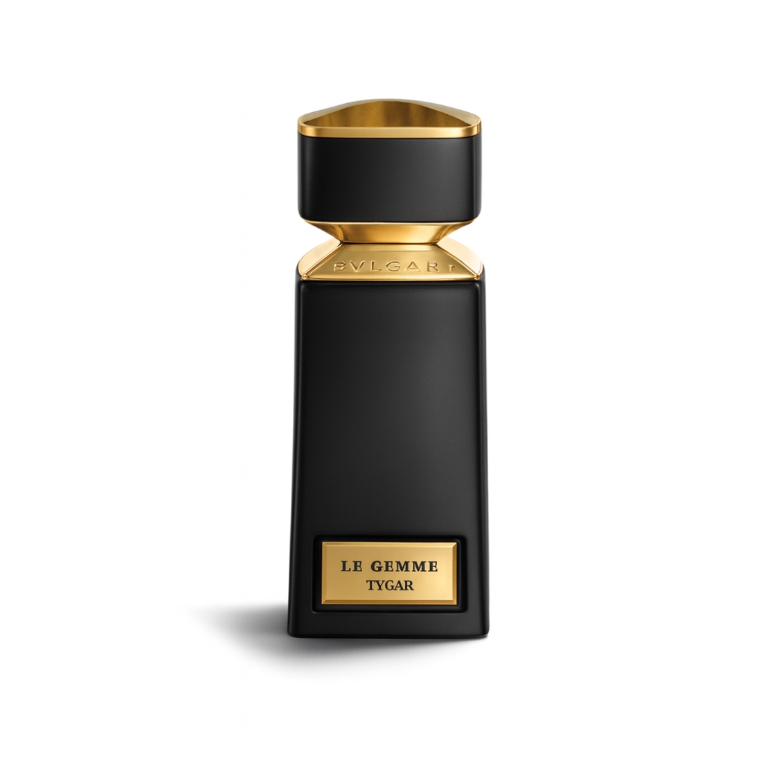 Bvlgari Le Gemme Tygar Eau de Parfum bottle with black and gold design on white background