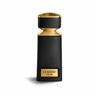 Bvlgari Le Gemme Tygar Eau de Parfum bottle with black and gold design on white background