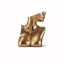 Billie Eilish Eau de Parfum bottle shaped like a bronze bust sculpture, minimalist white background
