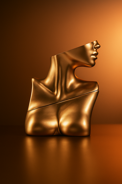 Billie Eilish Eau de Parfum bronze bottle against a glowing amber background with artistic lighting