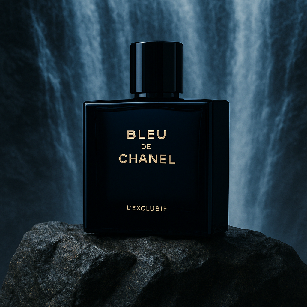 Bleu De Chanel L’Exclusif fragrance bottle displayed on rock with waterfall backdrop – premium niche cologne sample