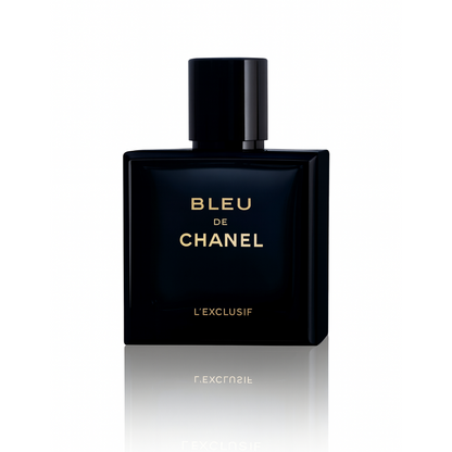 Bleu De Chanel L’Exclusif fragrance bottle on white background – luxury men’s perfume sample