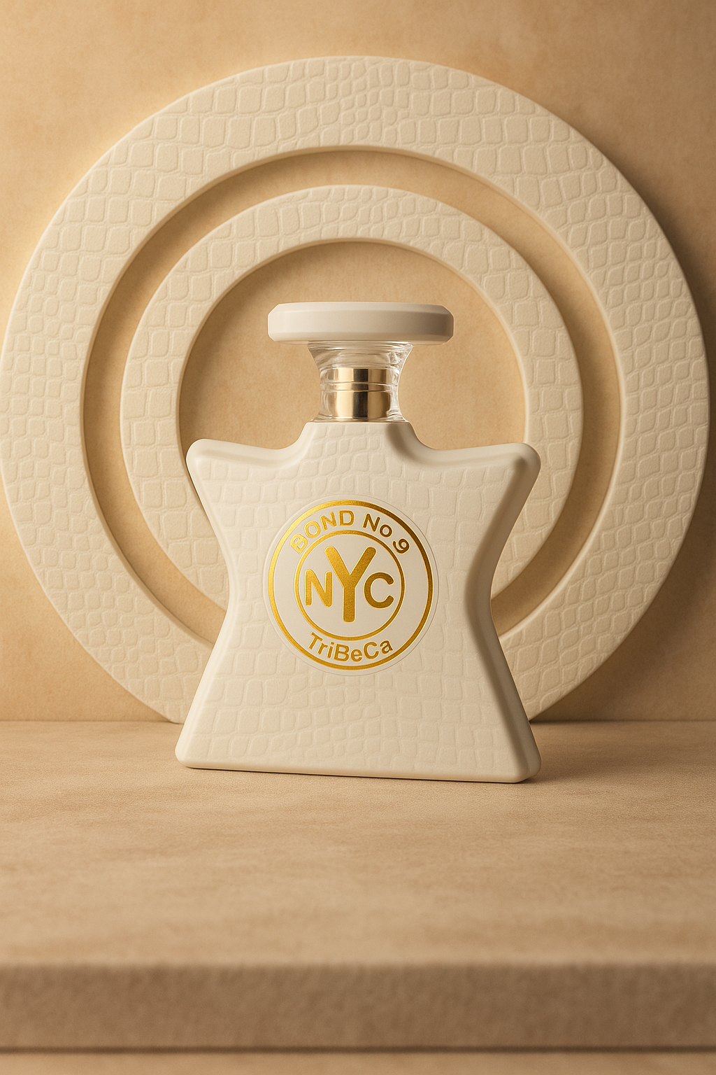 Bond No. 9 Tribeca fragrance bottle displayed against textured beige backdrop