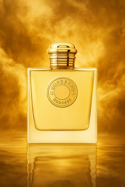Burberry Goddess Eau de Parfum bottle in a golden, radiant background