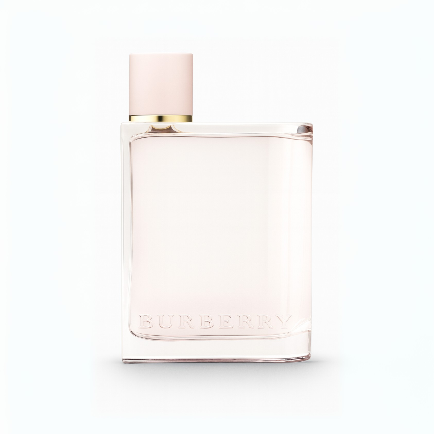 Burberry Her Eau de Parfum pink fragrance bottle with minimalist design on a plain white background