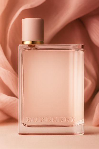 Burberry Her Eau de Parfum pink fragrance bottle with minimalist design displayed against soft pink fabric background