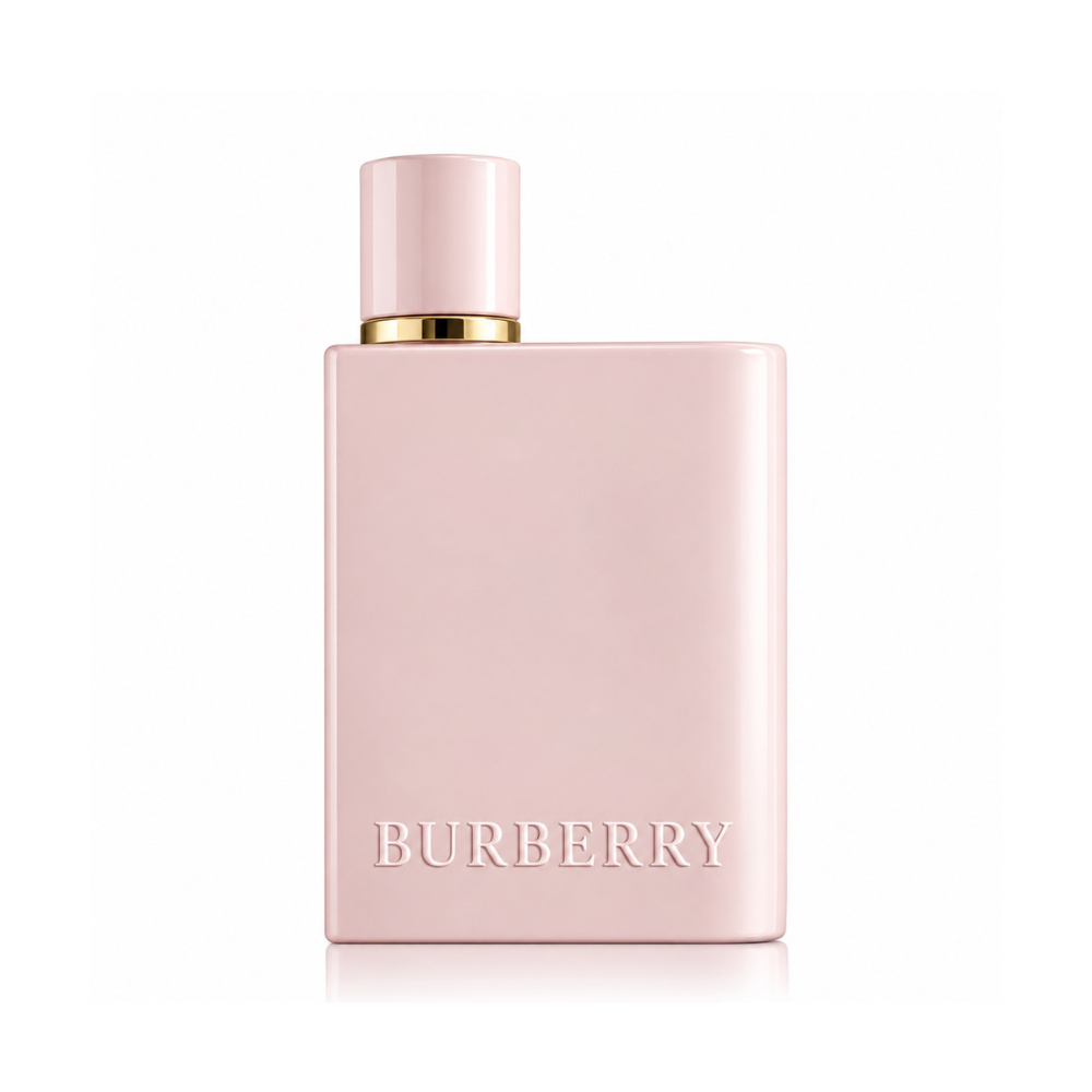 Burberry Her Elixir de Parfum women's fragrance bottle with soft pink opaque glass, matching pink cap and gold detailing on white background