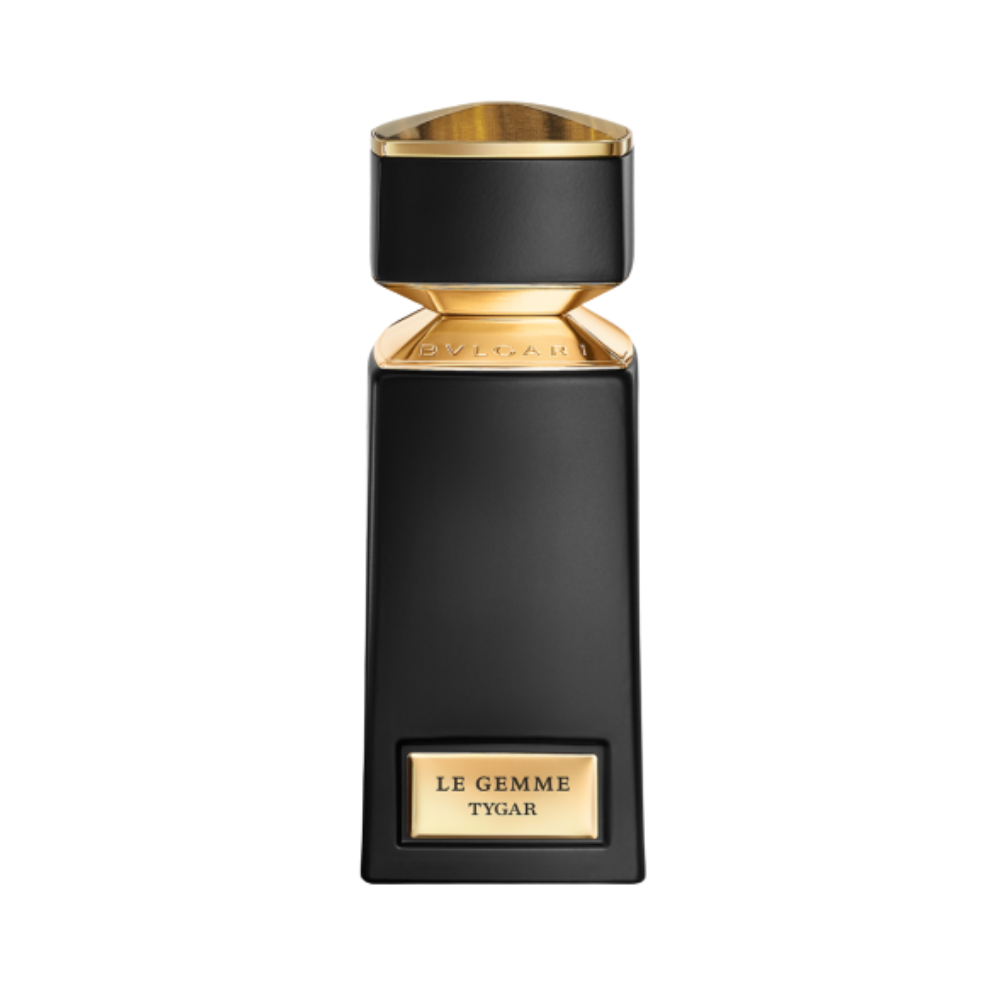 Bvlgari Le Gemme Tygar Eau de Parfum bottle with black and gold design on white background