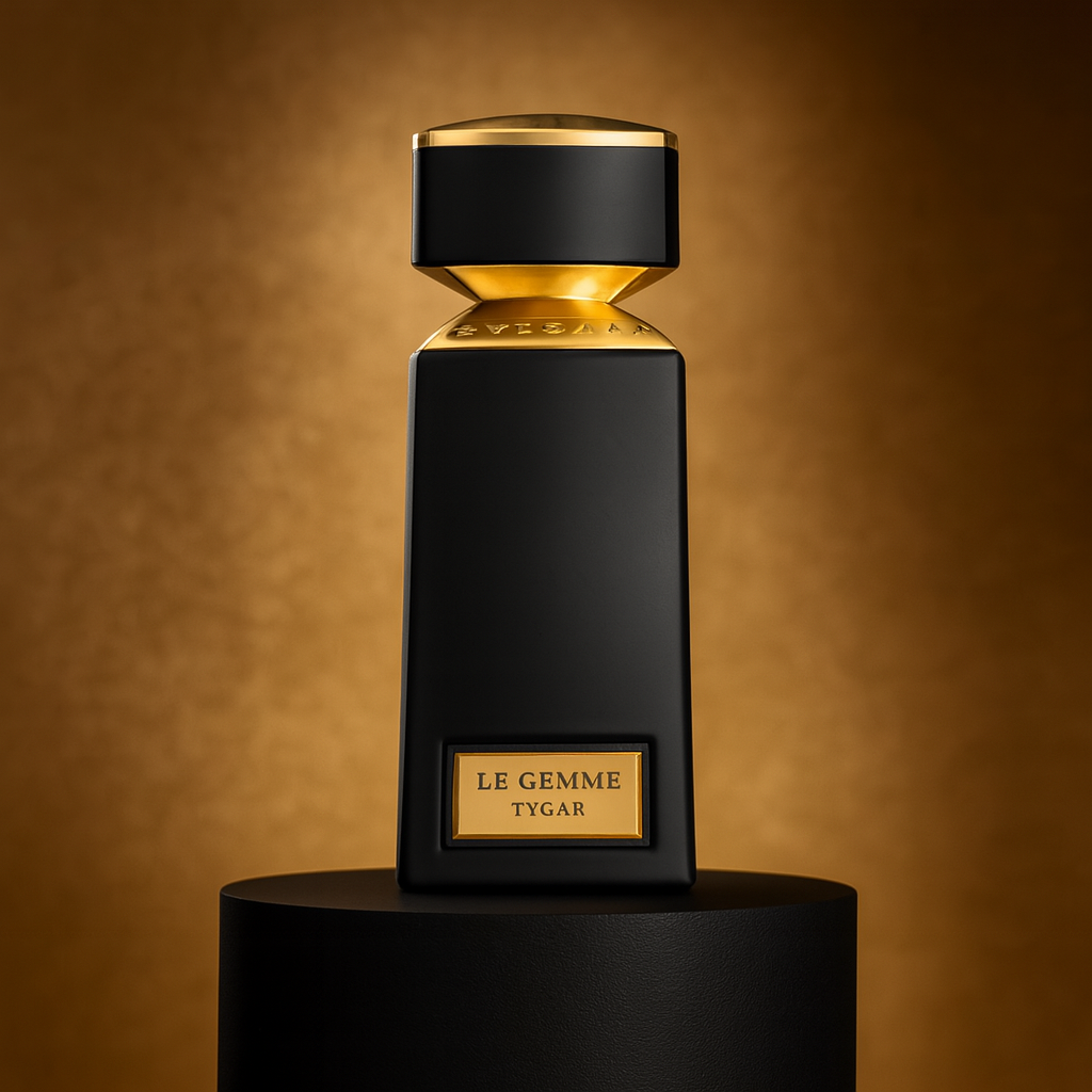 Bvlgari Le Gemme Tygar Eau de Parfum showcased on a black pedestal with a golden background