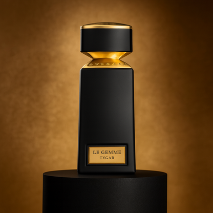 Bvlgari Le Gemme Tygar Eau de Parfum showcased on a black pedestal with a golden background