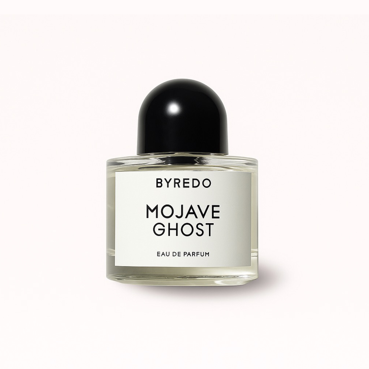 Byredo Mojave Ghost Eau de Parfum bottle with black cap and white label, photographed on a clean white background
