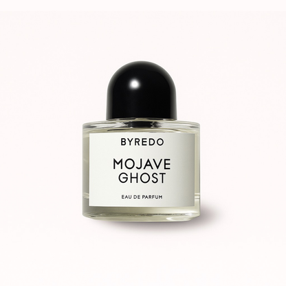 Byredo Mojave Ghost Eau de Parfum bottle with black cap and white label, photographed on a clean white background