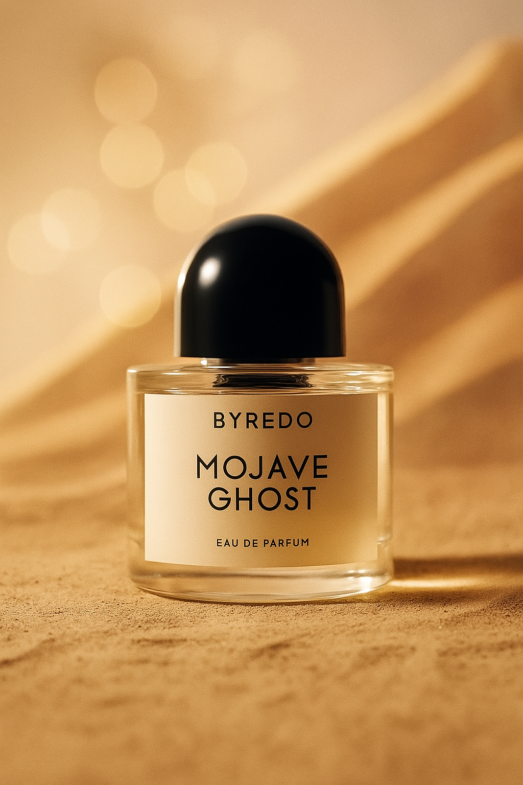 Byredo Mojave Ghost Eau de Parfum bottle displayed on a warm golden background, highlighting its minimalist elegance and soft amber glow.
