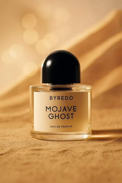 Byredo Mojave Ghost Eau de Parfum bottle displayed on a warm golden background, highlighting its minimalist elegance and soft amber glow.