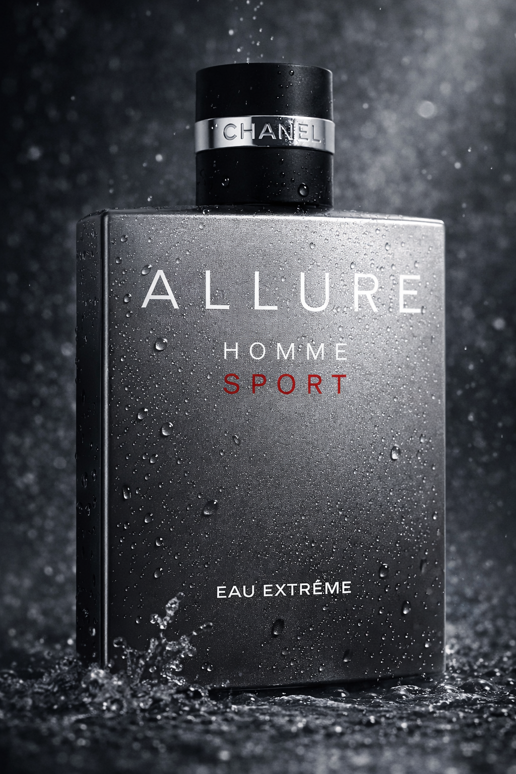 Chanel Allure Homme Sport Eau Extrême perfume bottle with water droplets and dark background