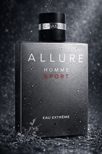 Chanel Allure Homme Sport Eau Extrême perfume bottle with water droplets and dark background