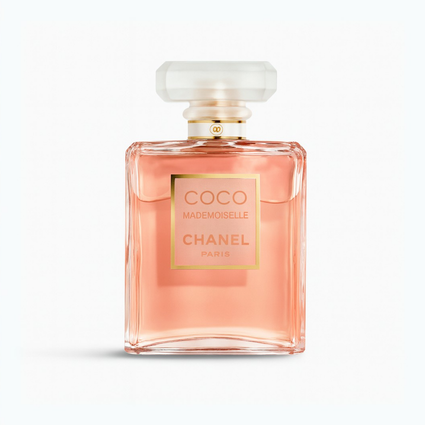 Chanel Coco Mademoiselle Eau de Parfum bottle with peach-pink fragrance liquid and frosted cap on a plain white background