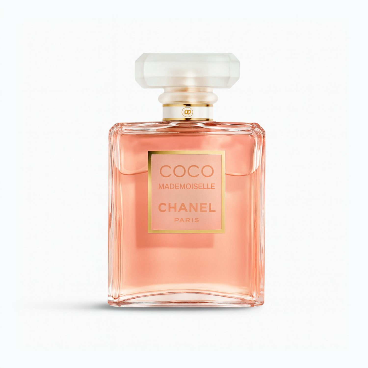 Chanel Coco Mademoiselle Eau de Parfum bottle with peach-pink fragrance liquid and frosted cap on a plain white background