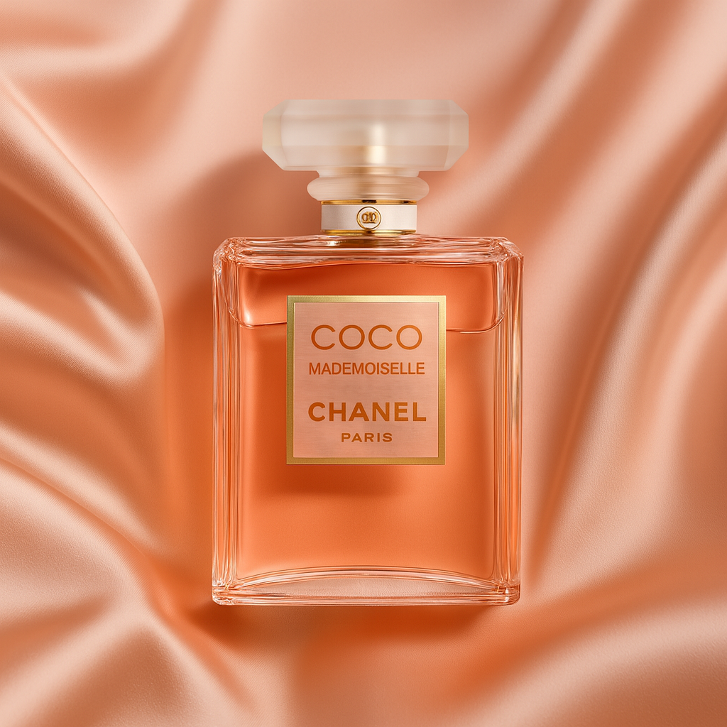 Chanel Coco Mademoiselle Eau de Parfum bottle with peach-pink fragrance liquid displayed on peach satin fabric background