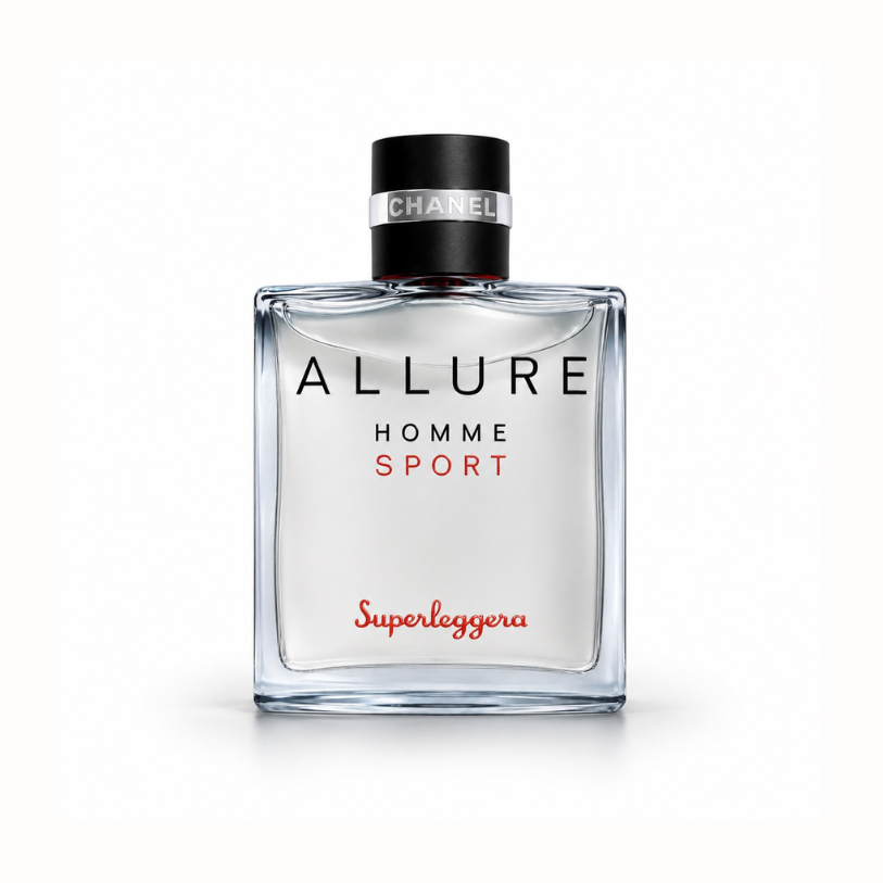 Chanel Allure Homme Sport Superleggera Eau de Parfum displayed on black marble with city skyline, luxury sports car accents, and dramatic evening lighting.