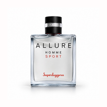 Chanel Allure Homme Sport Superleggera Eau de Parfum displayed on black marble with city skyline, luxury sports car accents, and dramatic evening lighting.