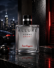 Chanel Allure Homme Sport Superleggera Eau de Parfum bottle with transparent glass design, silver accents, and red lettering on white background