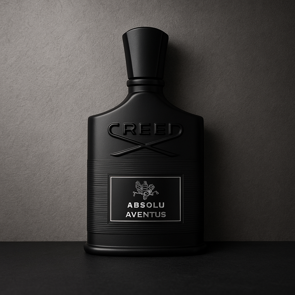 Creed Absolu Aventus bottle with black-on-black packaging displayed against a textured grey background