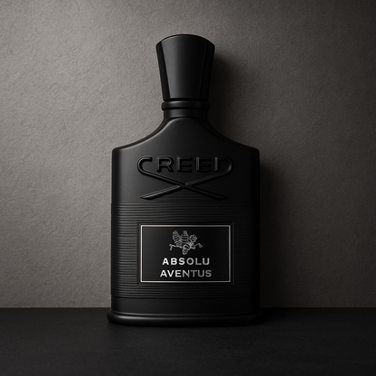 Creed Absolu Aventus bottle with black-on-black packaging displayed against a textured grey background