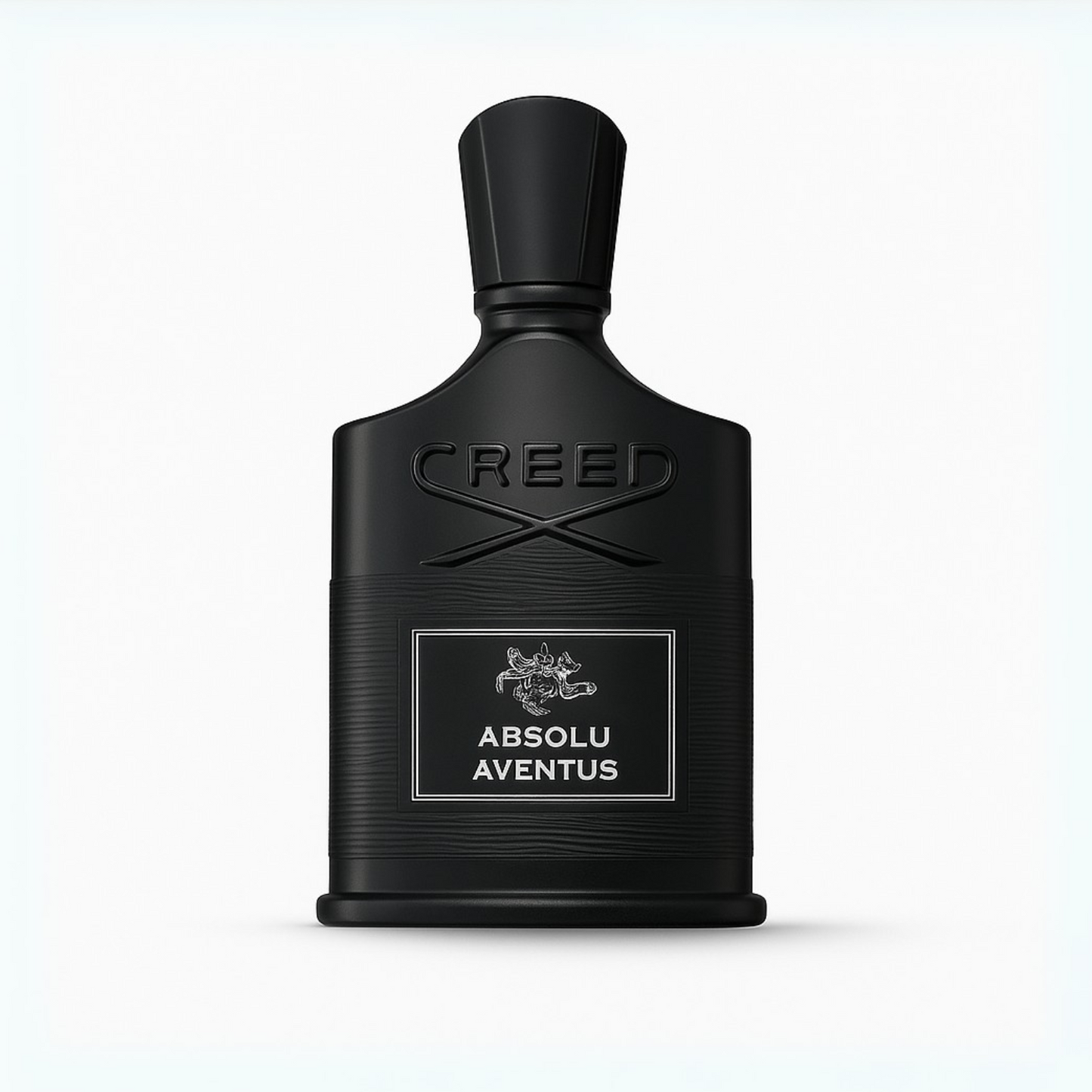 Creed Absolu Aventus bottle with matte black finish and silver label on white background