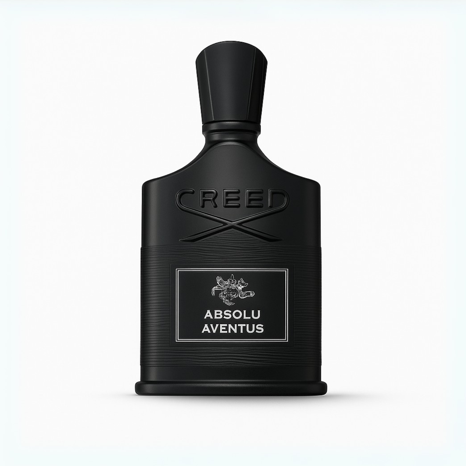 Creed Absolu Aventus bottle with matte black finish and silver label on white background