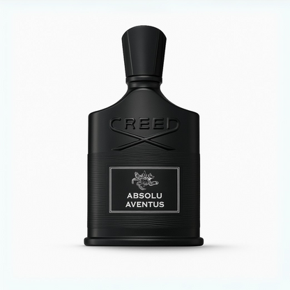Creed Absolu Aventus bottle with matte black finish and silver label on white background