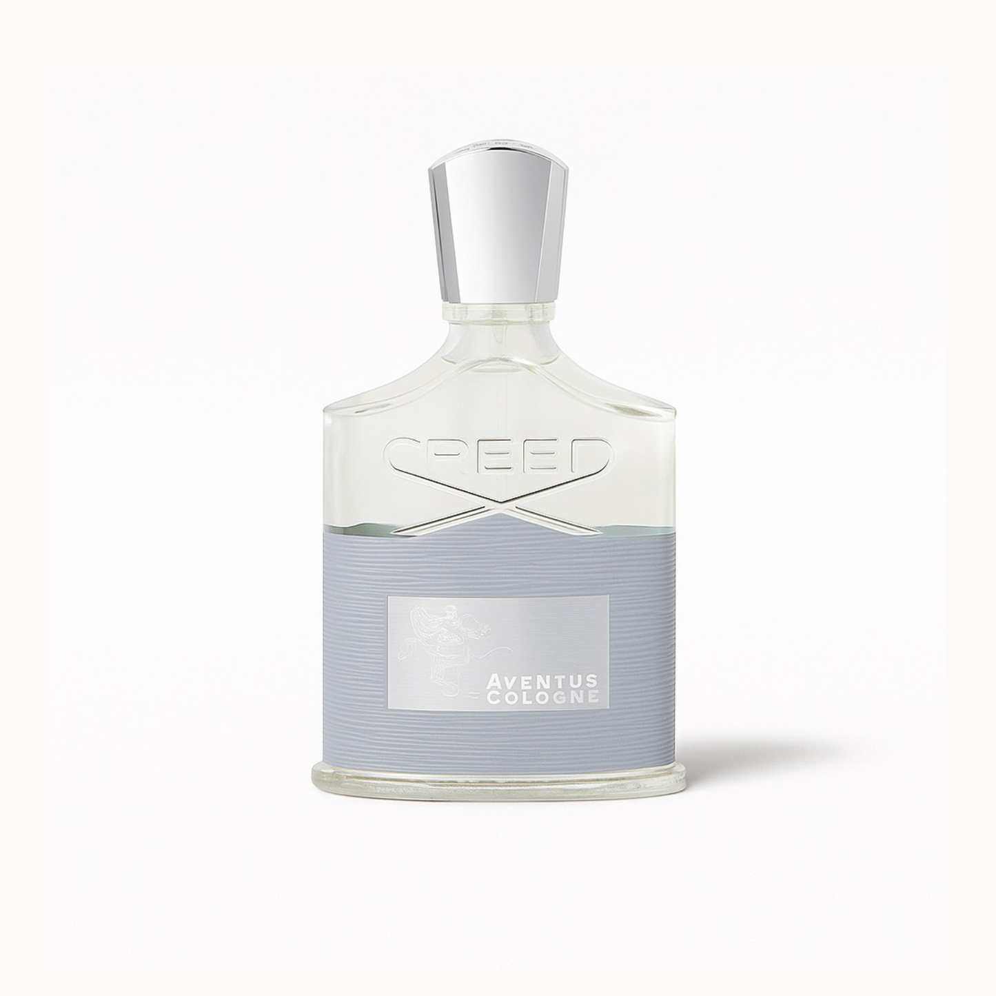 Creed Aventus Cologne product photo on white background highlighting the minimalist gray label and clear glass bottle.