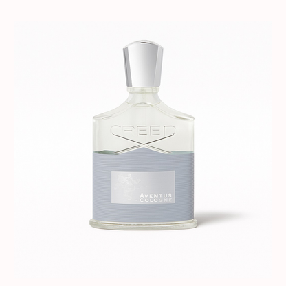 Creed Aventus Cologne product photo on white background highlighting the minimalist gray label and clear glass bottle.