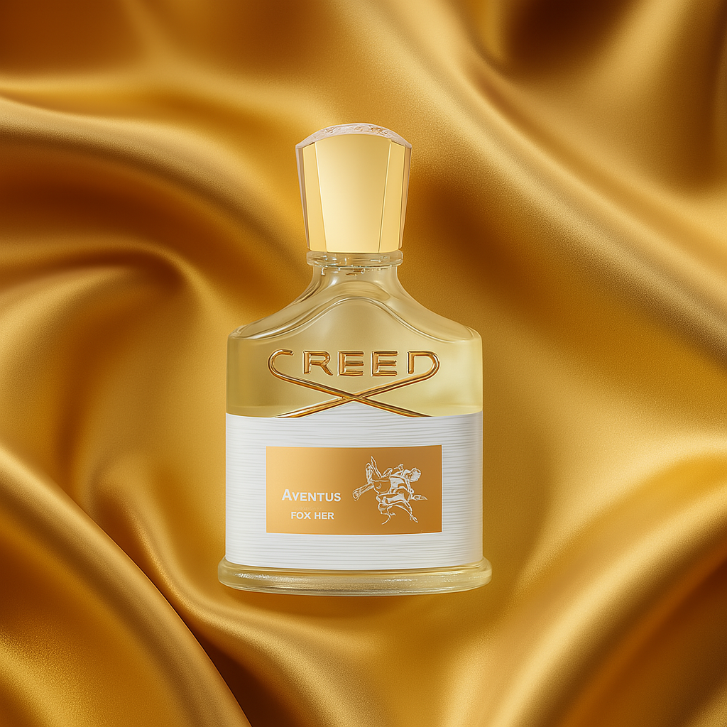 Creed Aventus for Her bottle with golden background - women's luxury perfume